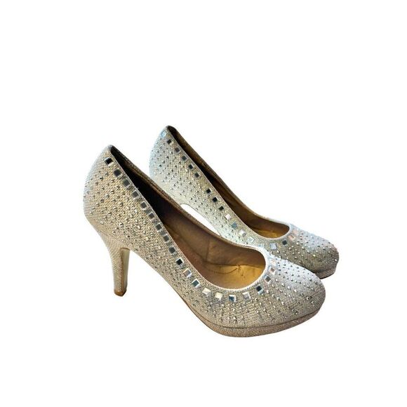 Elegant Silver Rhinestone High Heels Womens Size 6.5 midheel - Picture 1 of 10